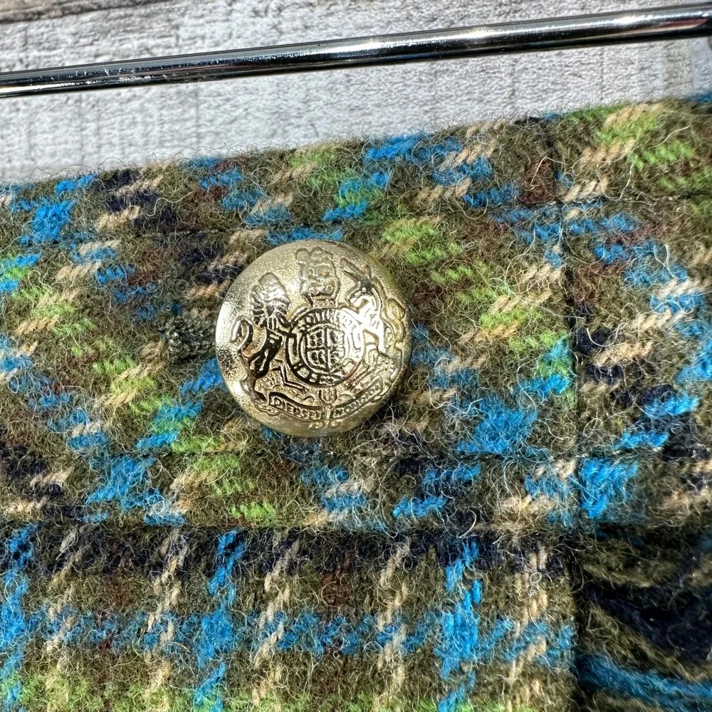 Talbots Petite Wool Blend Faux Wrap‎ Fringe Plaid Skirt Olive Blue Green 10P